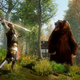 A screenshot of Amazon's New World, depicting a warrior attempting to spear a roaring brown bear.